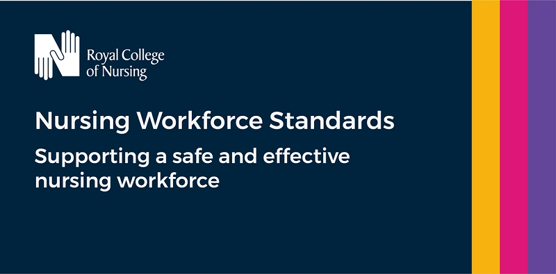  A blue background with white text that reads: "Nursing workforce standards: supporting a safe and effective ͷ workforce."
