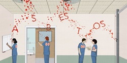 Illustration of asbestos particles in the air around four nurses, with the particles spelling out the word 'Asbestos' in capital letters